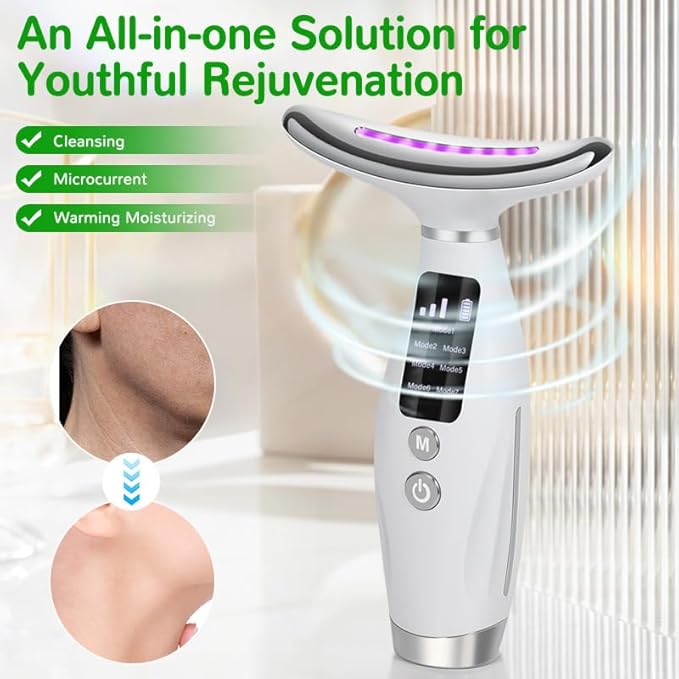 7-in-1 Neck and Face Grooming Device with Red Light Therapy, 3 Vibration Modes and Ergonomic Design to Firm Skin and Eliminate Wrinkles