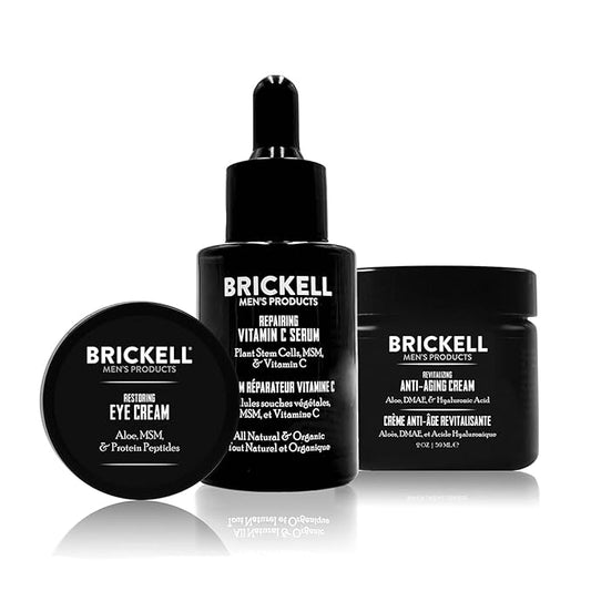 Brickell Men's Advanced Anti-Aging Routine, Night Face Cream, Vitamin C Facial Serum and Eye Cream, Natural and Organic, Unscented, Skin Care Gift Set