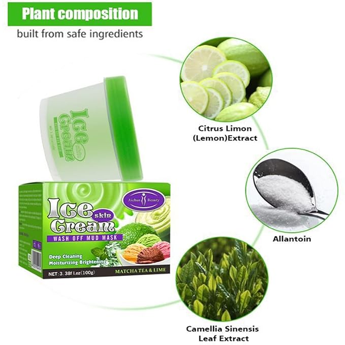AICHUN BEAUTY Ice Cream Facial Wash Off Mud Mask Oil-Control Deep Cleaning Moisturizing Exfoliation Blackhead Skin Care 100g 3.38FL. OZ (MATCHA TEA & LIME)