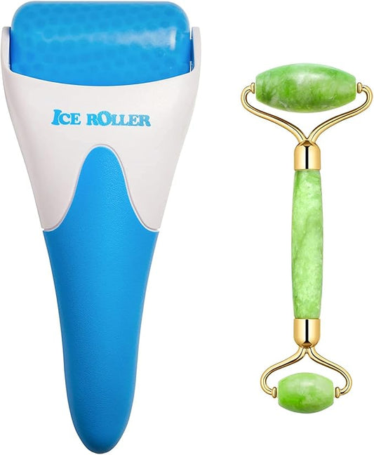 AECW (Jade Roller + Ice Roller) 2 in 1 Ice Roller for Face & Eye Puffiness Relief and Jade Roller for Face Eyes Body Neck Facial Massage Tool Roller