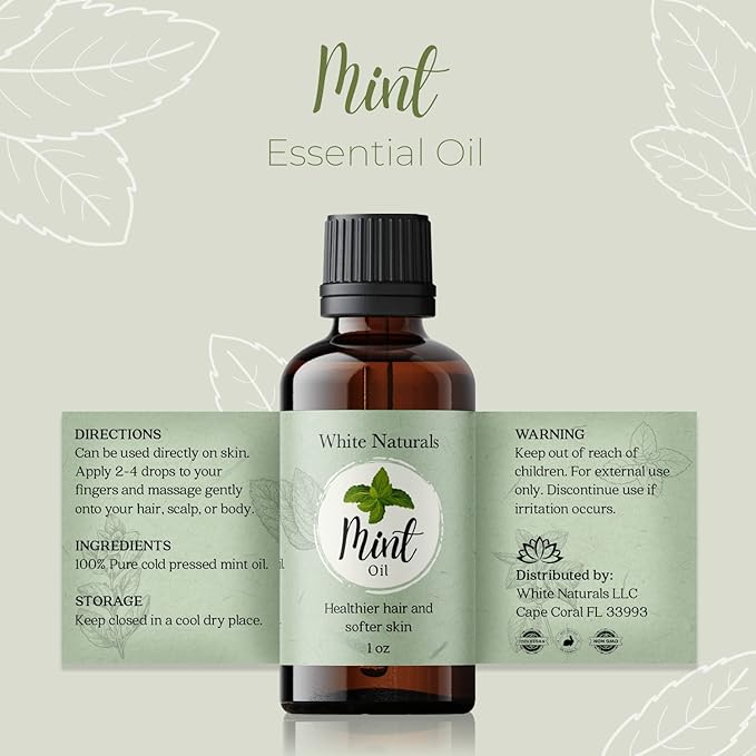 Organic Mint Essential Oil, Refreshes & Energizes The Spirit and Body, 100% Pure Natural Mint Oil for Diffuser, Aromatherapy, Hair Care, Skin Massage, Candle and Soap Making 1 Fl oz
