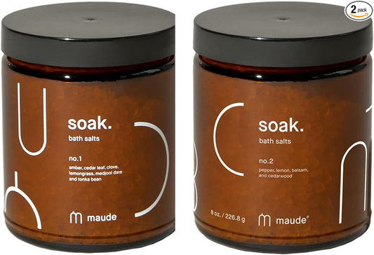 Maude Soak Bundle - Soak Mineral Bath Salts with Hand-Harvested Dead Sea Salt Crystals and Vitamins - Soak No. 1 + No. 2 (8 oz, Two Count)
