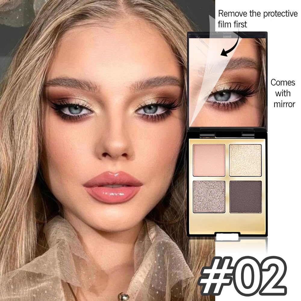 Eyeshadow Quad Makeup Palette – 4 Shades of Nude, Rose, Gold, Brown Tones, Blendable Matte & Shimmer, Long-Lasting Waterproof, Perfect for Mature & Young Women, with Built-In Mirror 02#