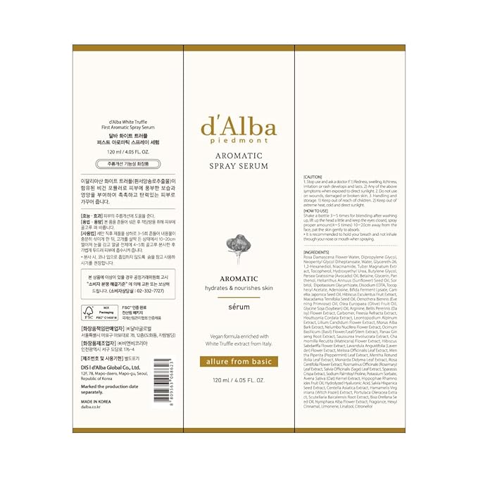 d'alba Piedmont Italian White Truffle First Aromatic Spray Serum, Fragrant VEGAN Glowy Antioxidant Face Mist, Deep Hydration Skin Firmness, Korean Skin Care (4.05 fl.oz)