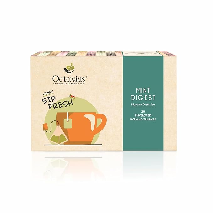Octavius Mint Digest Digestive Green Tea | Rich in Antioxidants | Refreshing Mint & Green Tea Fusion - 20 Enveloped Pyramid Easy to Use Tea Bags
