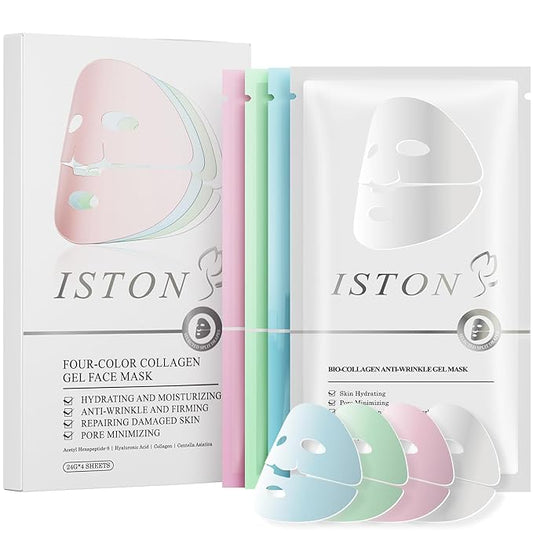 ISTON 4-in-1 Collagen Face Mask Set | Overnight Hydration & Anti-Aging Hydrogel Sheet Masks with Collagen, Hyaluronic Acid, Niacinamide, Peptides & Centella for Wrinkle Reduction& Glowing Skin