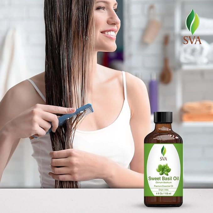 SVA Sweet Basil Essential Oil – 4 Fl Oz – 100% Natural Basil Oil - for Diffuser, Hair Care, Face, Skin Care, Aromatherapy, Scalp and Body Massage, Soap and Candle Making – with Dropper