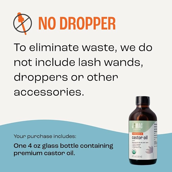 J MAC BOTANICALS Organic Castor Oil Cold Pressed (Glass Bottle, 4 oz, NO DROPPER), pure hexane free castor oil for face, skin, eyelashes