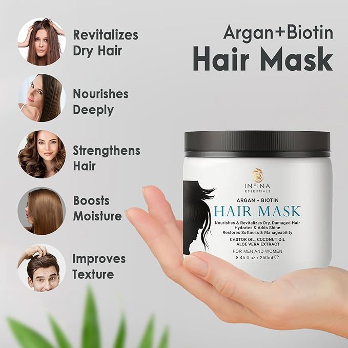 Argan Oil Hair Mask with Biotin - Intensive Hydrating Treatment & Deep Conditioning for Dry, Damaged Hair, Encourages Hair Growth - All Hair Types, Men & Women - 8.45 fl oz