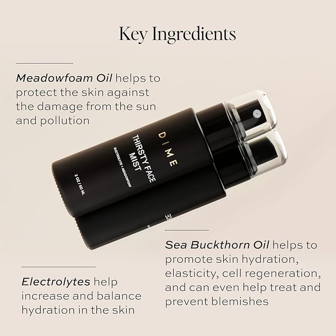 DIME Beauty Thirsty Face Mist with Electrolytes, Meadowfoam, and Sea Buckthorn, Hydrating Facial Spray, 2 oz / 60 ml
