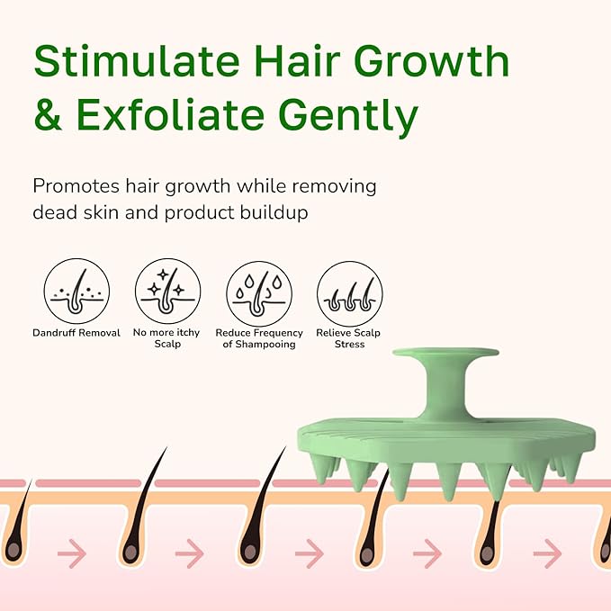 Silicone Scalp Scrubber - Massage Shampoo Brush, Soft Bristles for Hair Growth & Dandruff Removal - Ergonomic Design, Wet & Dry Use, Deep Cleansing Scalp Exfoliator for All Hair Types - Green