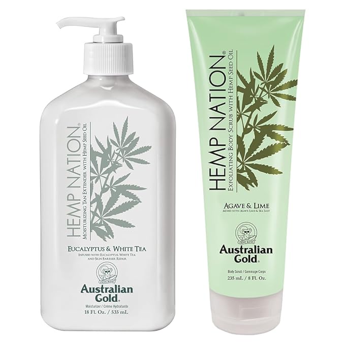 Australian Gold Hemp Nation Eucalyptus & White Tea Bundle - Tan Extender Body Lotion (18 FL Oz) and Exfoliating Agave & Lime Body Scrub (8 FL Oz), Skin Barrier Repair, Pure Hemp Seed Oil