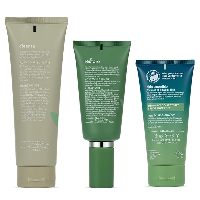 BioClarity 3-Step Essentials Skin Care Routine for Normal and Oily Skin Types | Cleanse, Restore, Moisturize, Hydrate | 100% Clean Vegan Ingredients | Full Size