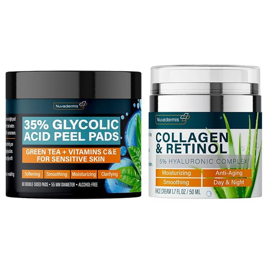 Collagen and Retinol Cream & 35% Glycolic Acid Pads - Face Moisturizer - Night & Day Cream - Anti Aging & Anti Wrinkle Lotion - Exfoliating Facial Peel Wipes - 60 Double-Side Pads