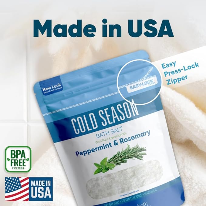 Cold Season Bath Salt 32 Ounces (2 Lbs) USP Grade Epsom Salt with Natural Rosemary and Peppermint Pure Essential Oils Plus Vitamin C in BPA Free Pouch with Easy Press Lock Seal Made in USA