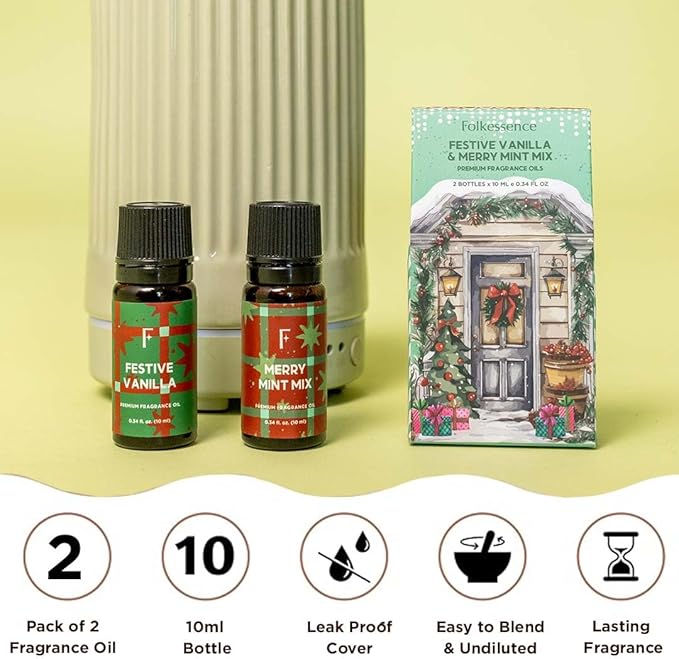 Folkulture Essential Oils for Diffuser for Home| Set of 2 Christmas Fragrance Oils Set for Diffusers for Candle Making or Gifts for Women on Mothers Day- Mint and Vanilla Essential Oil - 2x10 ML