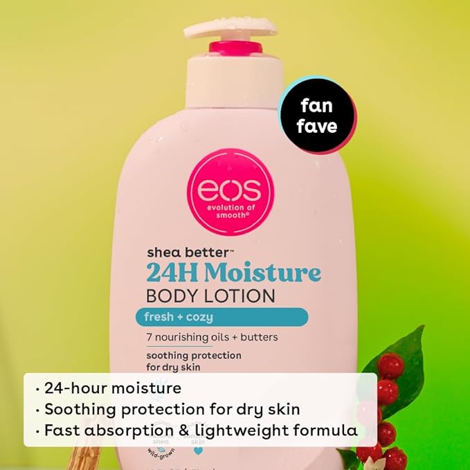 eos Shea Better Body Lotion- Fresh & Cozy, 24-Hour Moisture Skin Care, Lightweight & Non-Greasy, Made with Natural Shea, Vegan, 16 Fl Oz (Pack of 1)