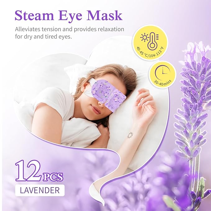 Steam Eye Mask, 12 Pack Lavender Heated Eye Masks, Disposable Moist Heat Compress for Dry Eyes, Warm Sleep Eye Mask for Puffy Eyes and Relief Eye Fatigue