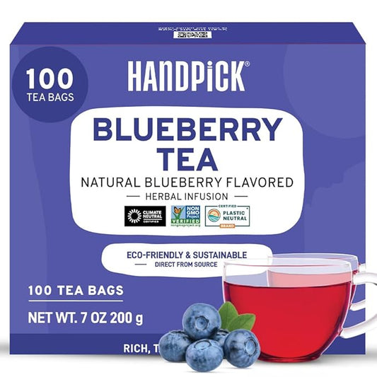 HANDPICK, Wild Blueberry Tea Bags (100 Count), True Premium Blueberry Herbal Tea with Hibiscus, Rose & Licorice | Brew Iced/Hot Tea