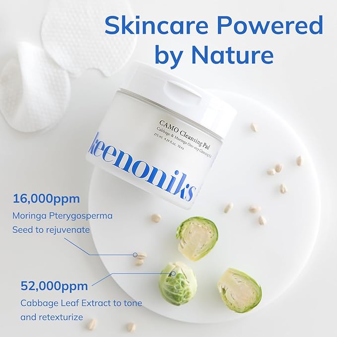 Dual Texture Cleansing Pads with Facial Essence 70ea Large Value Pack- Cabbage & Moringa Wipes for Quick Cleansing, Makeup Remover, Mild Exfoliator | Korean Skincare - (9.29Oz)