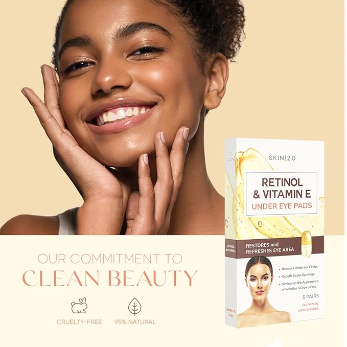 Retinol & Vitamin E Under Eye Patches - Dermatologist Tested - Anti-Aging - Depuffing, Reduce Fine Lines & Wrinkles, Dark Circles - Natural Ingredients - Korean Skin Care - All Skin Types - 15 Pairs