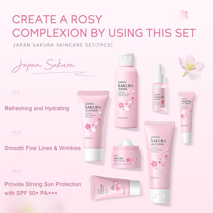 Skin Care Set JAPAN-SAKURA Women Beauty Gift Sets Skin Care Kit, Self-Care Skincare Set: Cleanser,Toner,Serum,Cream,Mud Mask,Eye Cream,Sunscreen, Facial Kit for Women Teen Girls Mom Daughter 7pcs