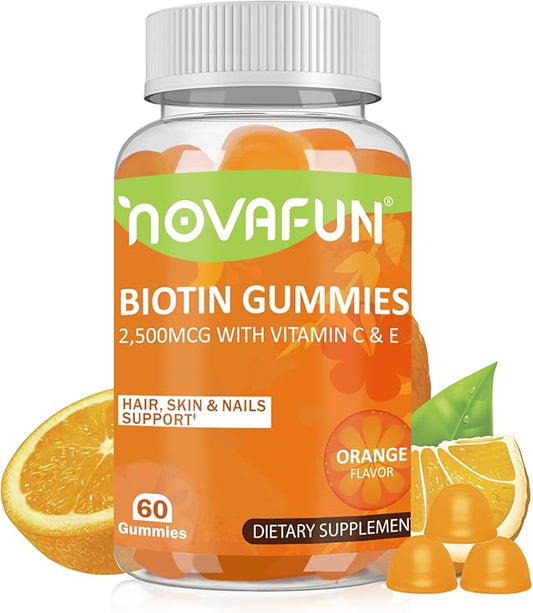 Vegan Biotin-Gummies for Hair, Skin & Nails, 2500 mcg Biotin with Vitamins C & E, for Women, Men & Kids, Gluten Free, Orange Flavor, 60 Gummies