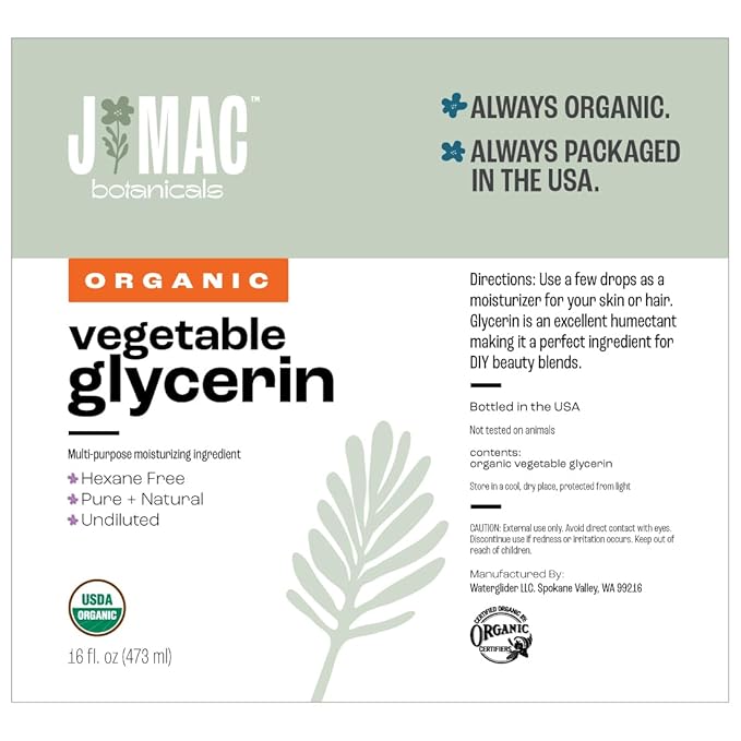 J MAC BOTANICALS, Organic Vegetable Glycerin Oil (16oz bottle) Moisturizing and softening, 100% Pure natural liquid organic glycerine for crafts, skin, face, hair