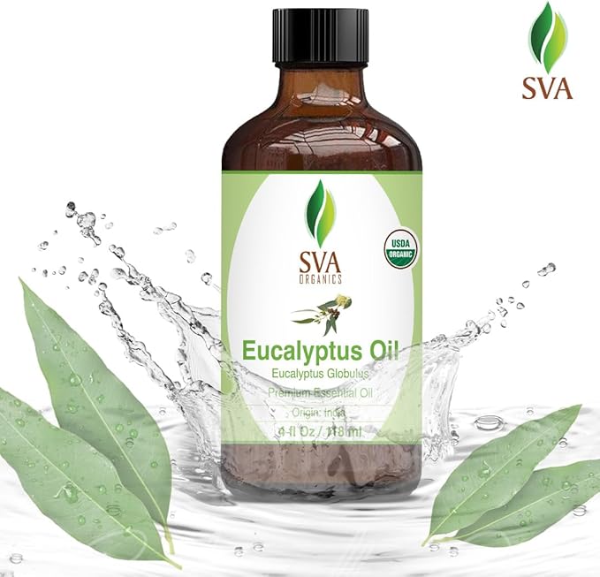 SVA Eucalyptus Essential Oil Organic – 4 Fl Oz – 100% Natural Organic Eucalyptus Oil - for Diffuser, Hair, Face, Skin Care, Aromatherapy, Scalp and Body Massage, Soap and Candle Making - with Dropper