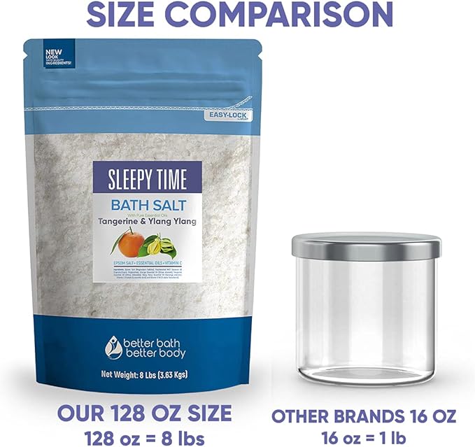 Sleepy Time Bath Salt 128 Ounces (8 Lbs) Epsom Salt with Natural Tangerine and Ylang Ylang Essential Oils Plus Vitamin C in BPE Free Bulk Size Pouch with Easy Press Lock Seal Made in USA