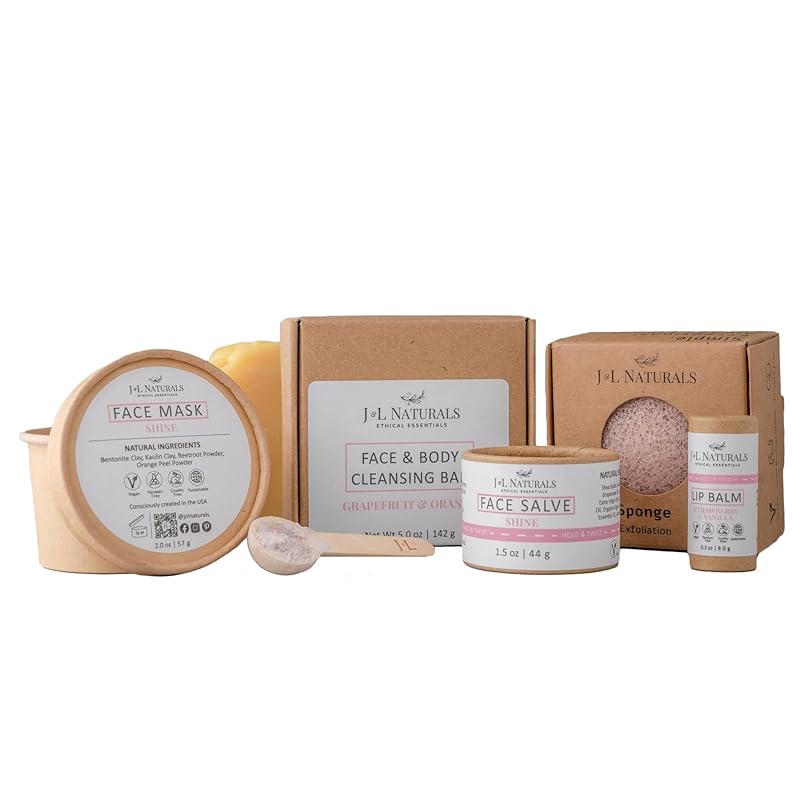 J&L Naturals Simple Skin Regimen Kit With Cleansing Bar, Face Salve, Konjac Sponge, Lip Balm | For Dull and Normal Skin | Zero Waste (Shine (normal, dull skin), Exceptional)