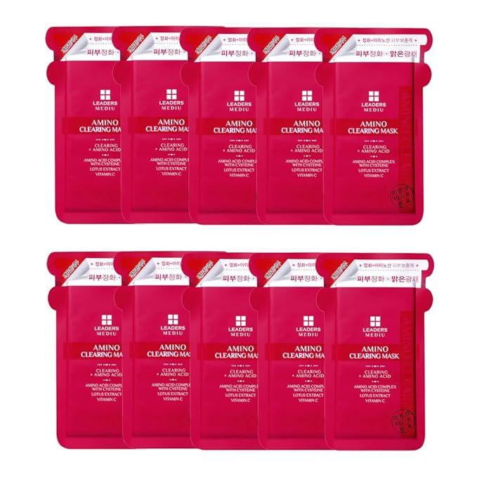 Leaders Mediu Amino Brightening & Clearing Facial Sheet Mask | Vitamin C, Lotus Extract for Acne Scars, Hyperpigmentation, Dark Spots, Even Skin Tone (10 Sheets)