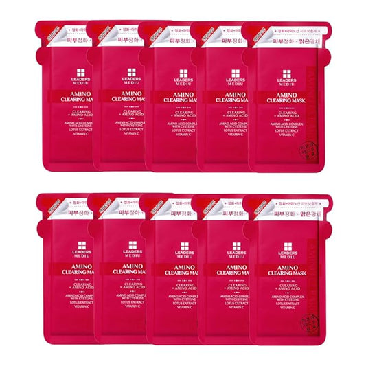 Leaders Mediu Amino Brightening & Clearing Facial Sheet Mask | Vitamin C, Lotus Extract for Acne Scars, Hyperpigmentation, Dark Spots, Even Skin Tone (10 Sheets)