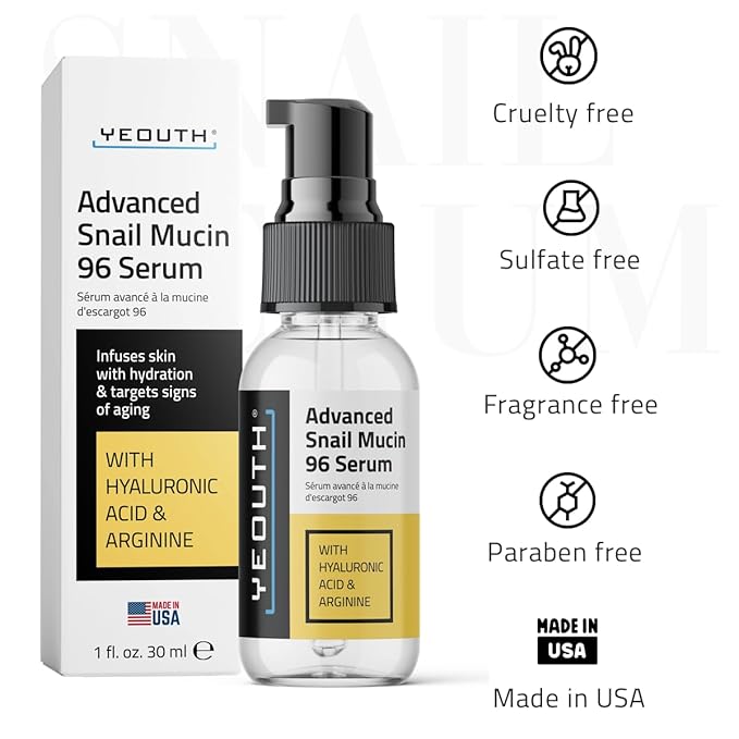 YEOUTH Snail Mucin Serum for Face, Hydrating Advanced Snail 96 Mucin Power Essence, Face Serum with Hyaluronic Acid, Lightweight, Fast-Absorbing & Non-Sticky 1oz