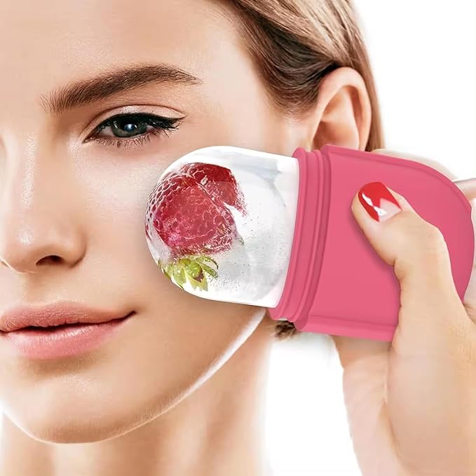 Ice Cube Facial Massager with Reusable Silicone Mold, Naturally De-Puff Eyes and Reduce Migraines, Made with Food Grade Silicone, BPA Free, BPS, Latex Free and Other Chemical (Rose Pink Two Tone)