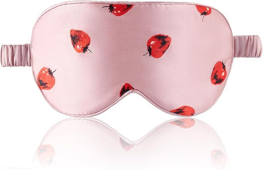 THXSILK Sleep Mask 100% 19 Momme Pure Mulberry Silk Super Smooth Cooling Decorative Sleep Eye Mask Blackout Eye Cover with Wide Head Strap, Strawberry-Pink