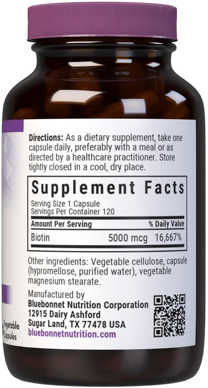 Bluebonnet Nutrition Biotin 5000 mcg, Hair & Nail Support*, Non-GMO, Vegan, Kosher Certified, Gluten-Free, Soy-Free, Dairy-Free, 120 Vegetable Capsules, 120 Servings