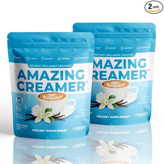 Superfoods Company Amazing Creamer with Collagen - Keto Creamer-Hyaluronic Acid & MCT Oil - Brain Boost & Curbs Cravings - Supports Healthy Skin & Hair - Diet-Friendly [60 Servings] [Vanilla]