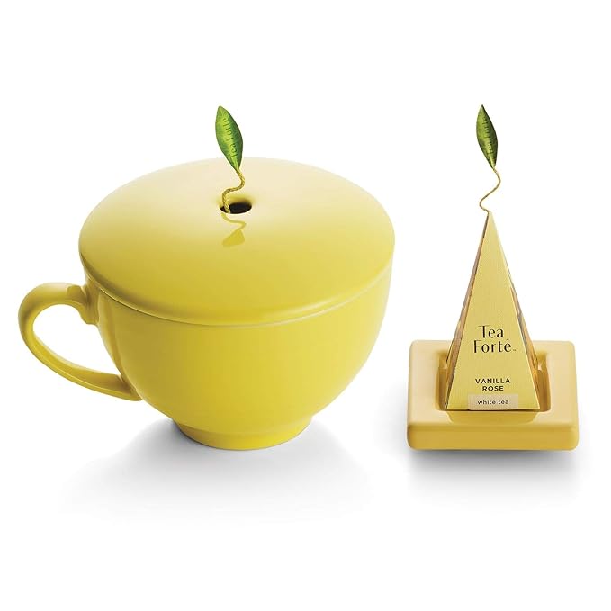 Tea Forte Soleil 3-Piece Mother's Day Tea Gift Set with Yellow Cafe Cup with Lid, Tea Tray and 10 Assorted 2 of Each Variety Organic Handcrafted Pyramid Infuser Tea Bags