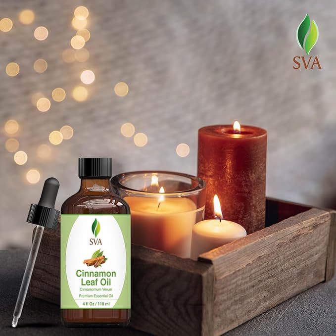 SVA Cinnamon Leaf Essential Oil – 4 Fl Oz – 100% Natural Cinnamon Oil - for Diffuser, Hair Care, Face, Skin Care, Aromatherapy, Scalp and Body Massage, Soap and Candle Making – with Dropper