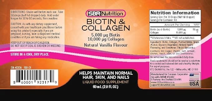 SBR Nutrition Biotin and Collagen Liquid Daily Dietary Supplement, Vitamins for Hair Growth and Thickening, Skin Health and Nail Strength, 2 oz (60mL)