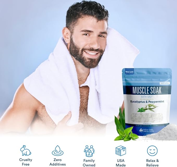 Muscle Soak Bath Salt 32 Ounces Epsom Salt with Natural Peppermint and Eucalyptus Essential Oils Plus Vitamin C in BPA Free Pouch with Easy Press-Lock Seal