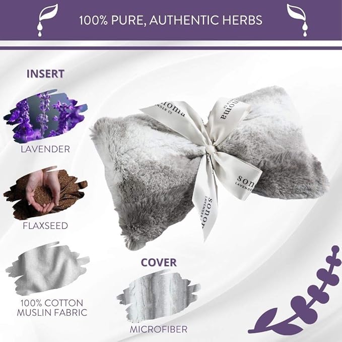 Sonoma Lavender Spa Mask, Heatable/Chillable Aromatherapy Eye Pillow with Lavender Infused Flaxseed Insert, Eye Compress for Stress Relief with Removable and Washable Cover (Platinum Angora)
