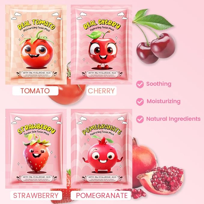 12 Pack Fruit Face Masks for Kids,Hydrating Face Mask For Sensitive Skin,Moisturize,Soothing,Nourish for All Skin Types,Natural Spa Party Facial Mask Skincare Set for Women Men Girls
