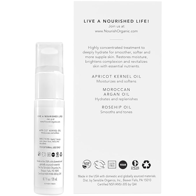 Nourish Organic Face Serum, Apricot & Argan – Pure Hydrating Facial Serum with Vitamin C and Vitamin A + Washable Cotton Round