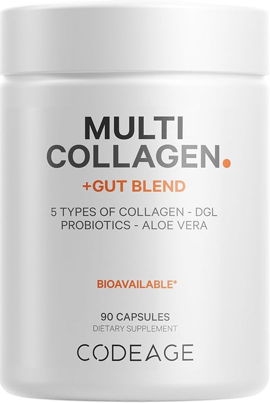 Codeage Multi Collagen + Gut Blend Supplement - Digestive Probiotics, DGL Licorice, Aloe Vera, Organic Peppermint Leaf, Slippery Elm - Hydrolyzed Bovine Collagen Pills - Non-GMO - 90 Capsules