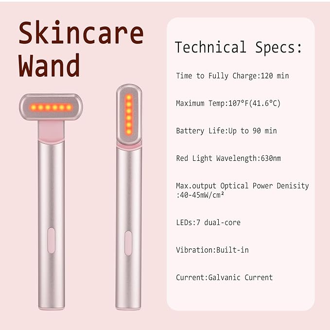 Light-Therapy-Wand, Red Light Therapy for Face and Neck - Facial Wand Red & Blue Rejuvenation Face & Eye Massager Skincare Tool (Pink)