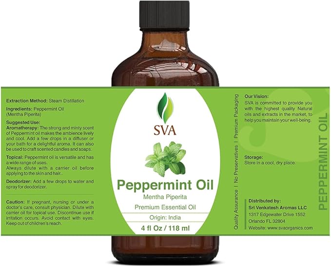 SVA Peppermint Piperita Essential Oil – 4 Fl Oz – 100% Natural Piperita Oil - for Diffuser, Hair Care, Face, Skin Care, Aromatherapy, Scalp and Body Massage, Soap and Candle Making - with Dropper