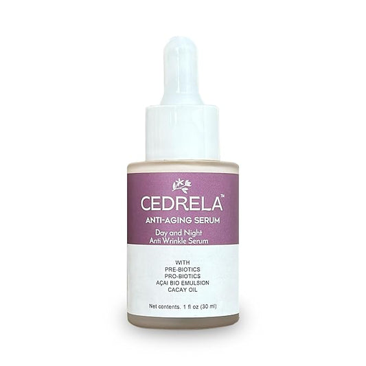 Cedrela Anti-aging Serum Day Night Anti-wrinkle prebiotics probiotics Naturak bakuchiol acai bio emulsion cacay oil plumps skin antioxidant vegan paraben-free 1 oz Suero antiedad probioticos