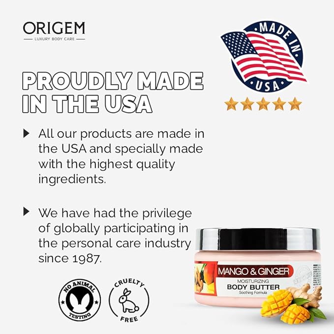 ORIGEM Body Butter for Dry Skin – Ultra-Nourishing & Hydrating Cream with Mango, Ginger, Argan Oil, Shea Butter & Honey – Moisturizer for Smooth, Glowing Skin – 8 Oz